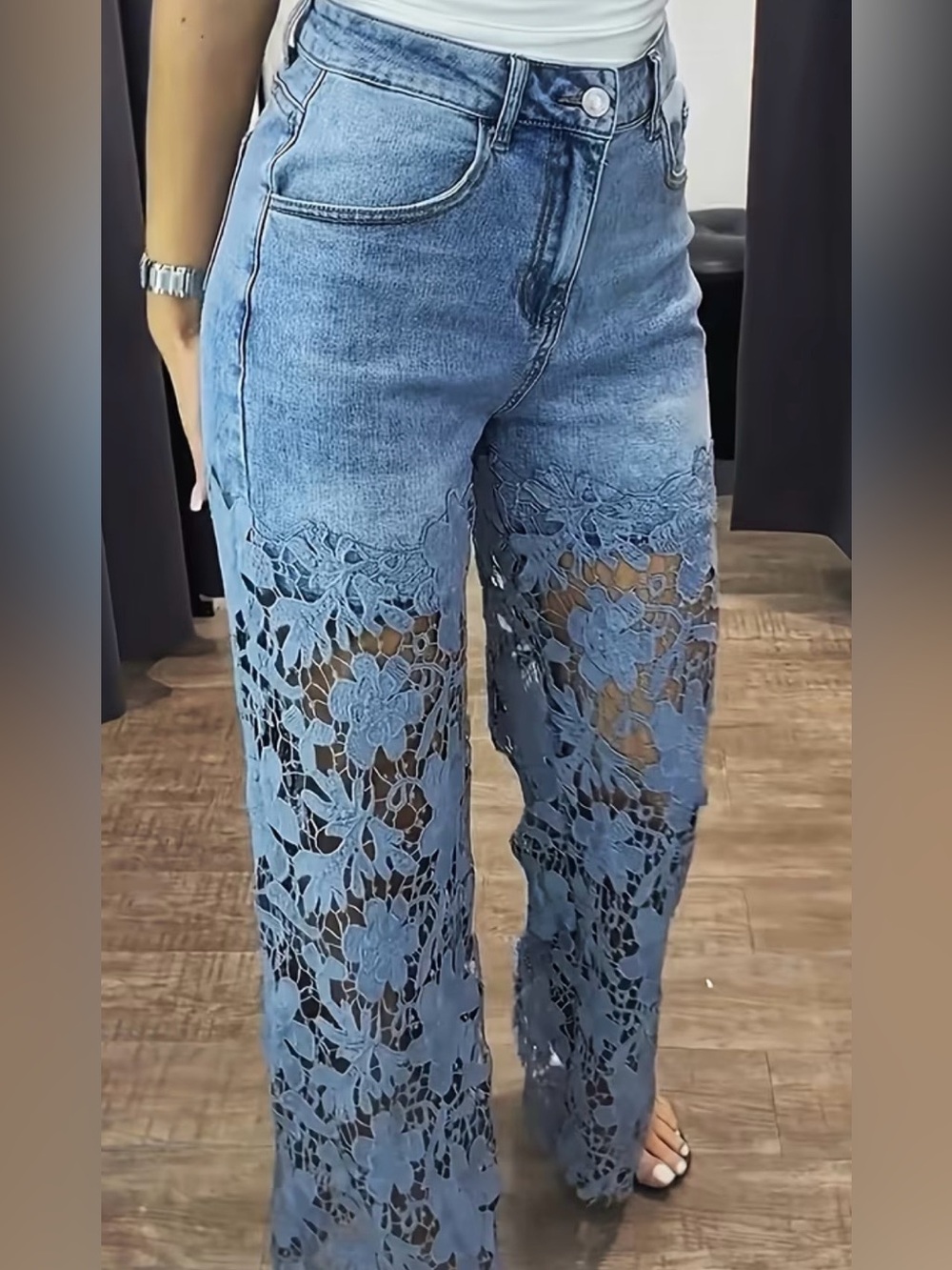 Blue Lace Panel Jeans - Picture 8 of 10